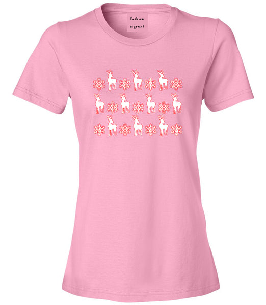 Reindeer Snowflake Christmas Red Pink T-Shirt