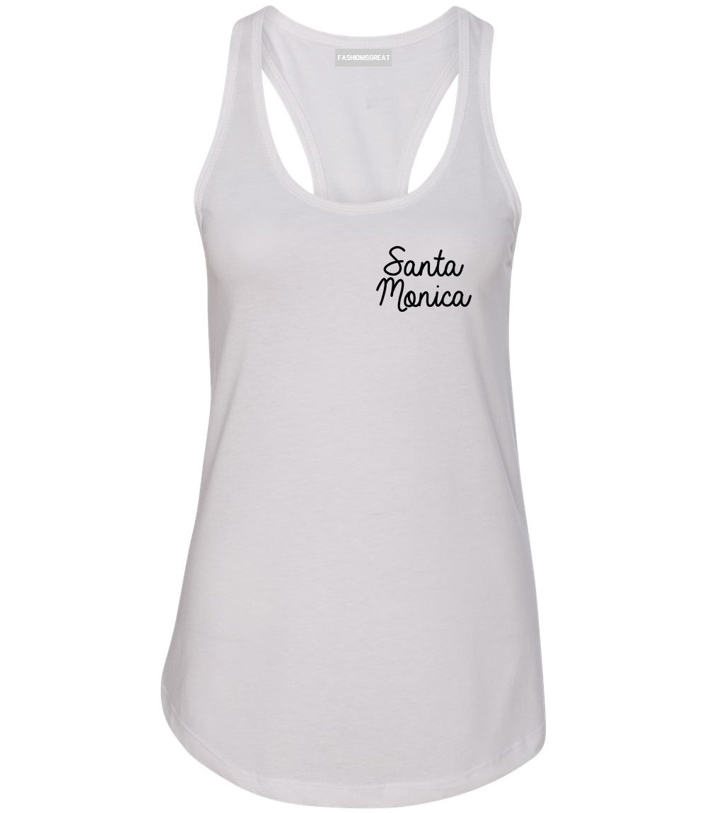 Santa Monica CA Script Chest White Womens Racerback Tank Top