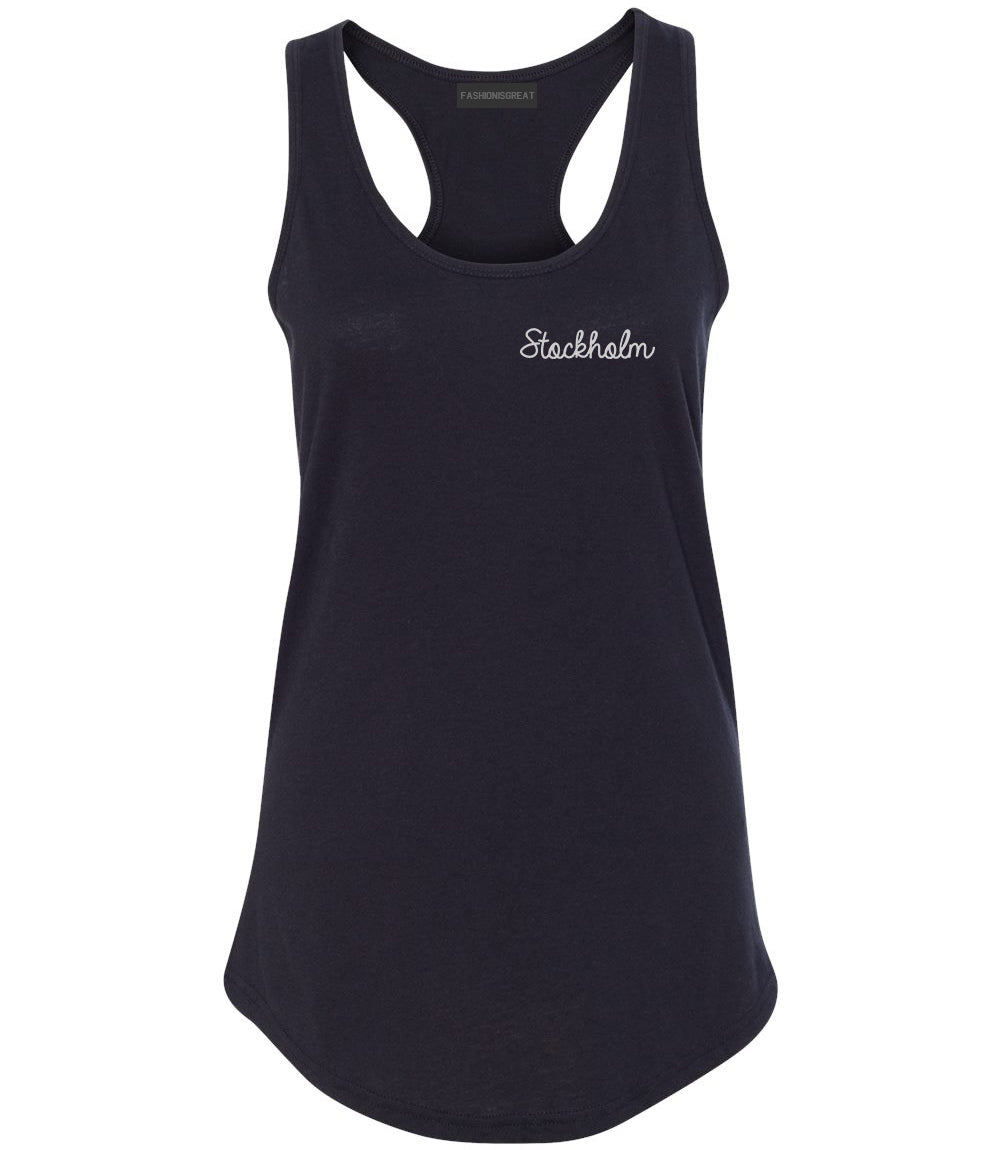 Stockholm Sweden Script Chest Black Womens Racerback Tank Top
