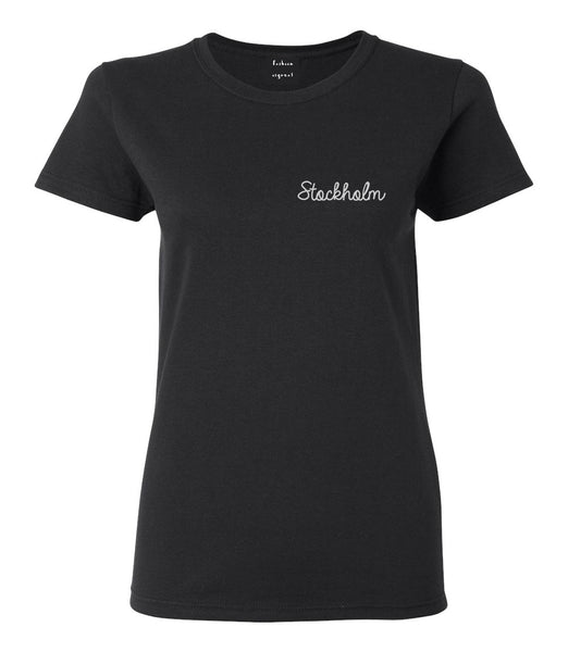 Stockholm Sweden Script Chest Black Womens T-Shirt