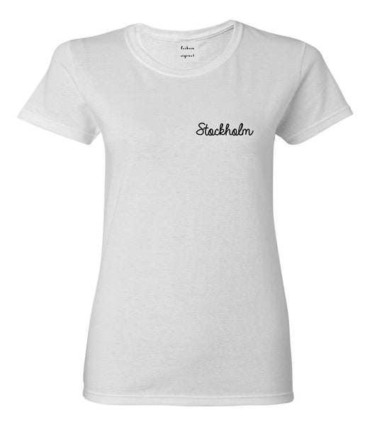 Stockholm Sweden Script Chest White Womens T-Shirt