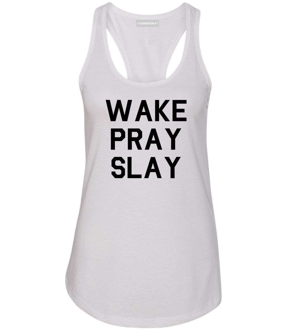 Wake Pray Slay White Racerback Tank Top