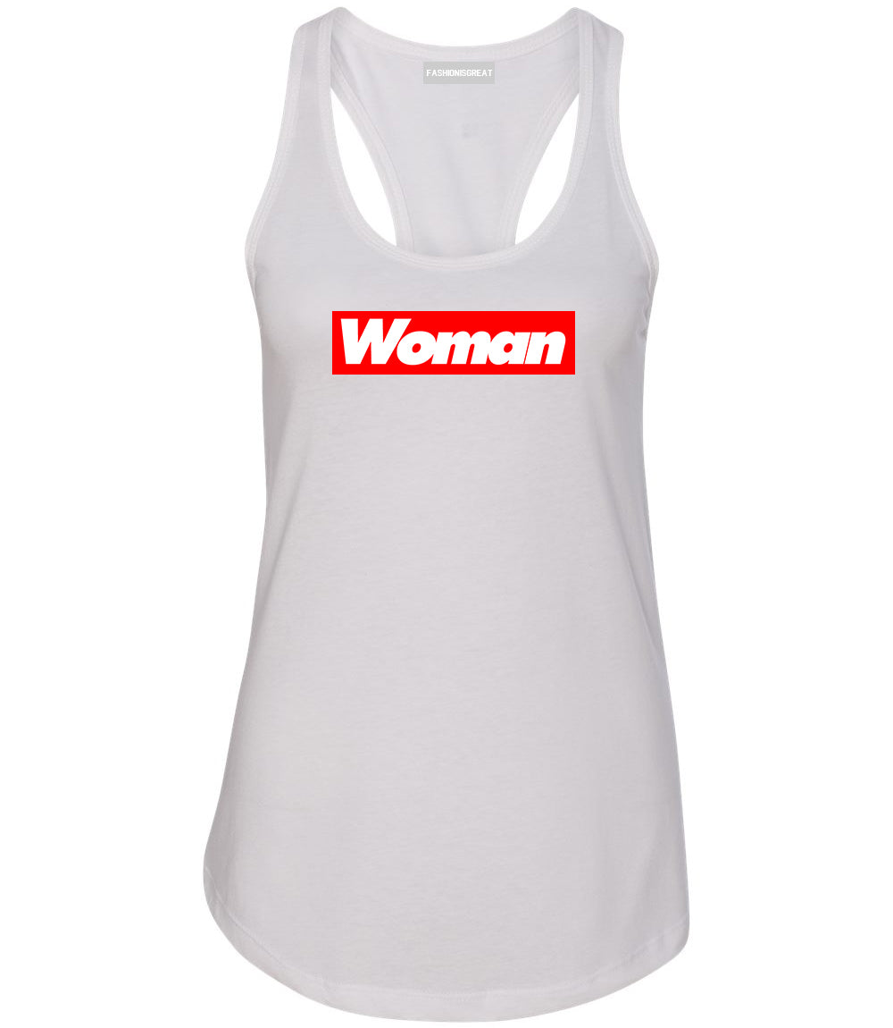 Woman Red Box Logo Womens Racerback Tank Top White