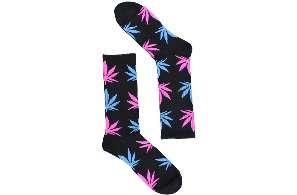 Black With Blue and Pink Marijuana Leaves Weed Socks