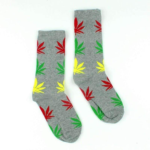 Grey With Red and Green and Yellow Marijuana Leaves Weed Socks