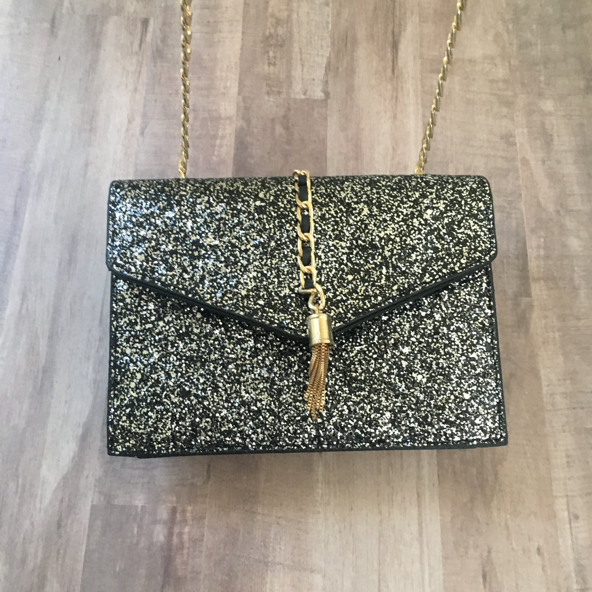 Silver Glitter Clutch with Chain Strap