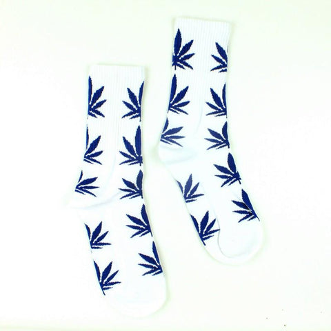White With Blue Marijuana Leaves Weed Socks
